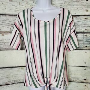 Daytrip Women’s Top S White Pink Green Striped Short Sleeve Tie Front Tee